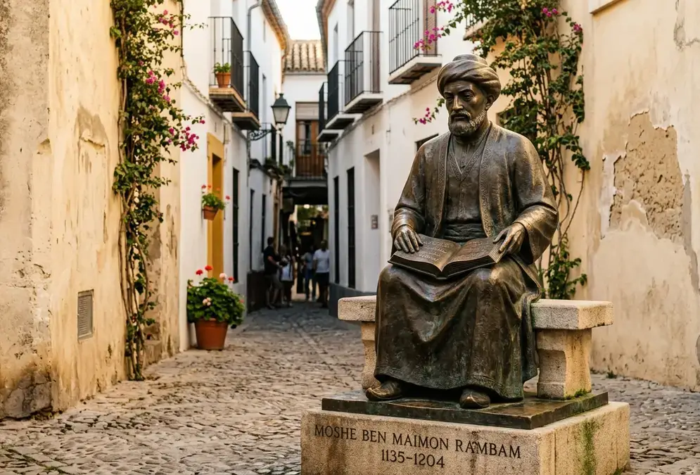 Bronze statue of Maimonides seated in scholarly robes in Plaza de Tiberiades, Córdoba's Judería, warm afternoon light on ochre stone walls, photorealistic composition