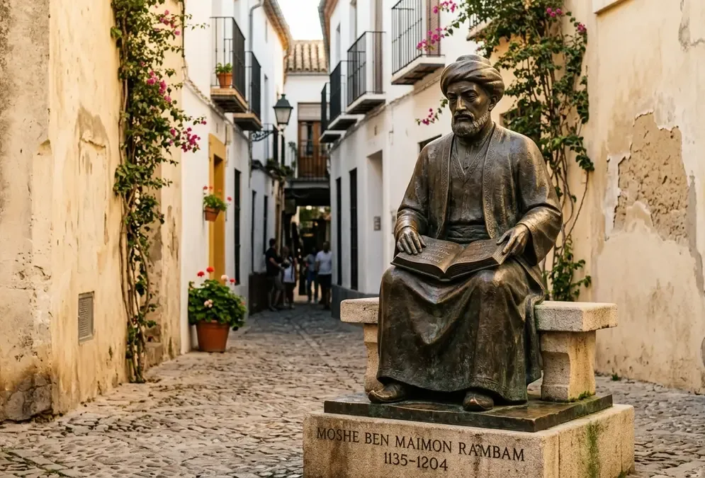 Bronze statue of Maimonides seated in scholarly robes, book open on his lap, in Plaza de Tiberiades in Córdoba's Judería, golden afternoon light on pale stone walls