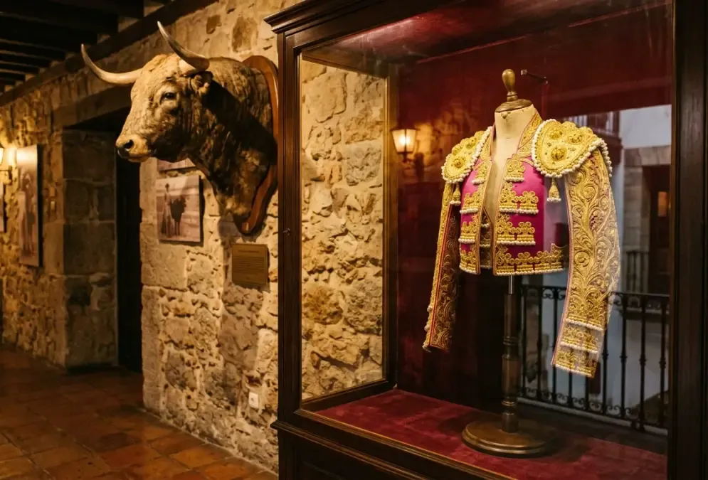 A glass case in a dimly lit museum displaying a gold and magenta bullfighting suit and mounted bull's head, with velvet-lined display cabinets in the background