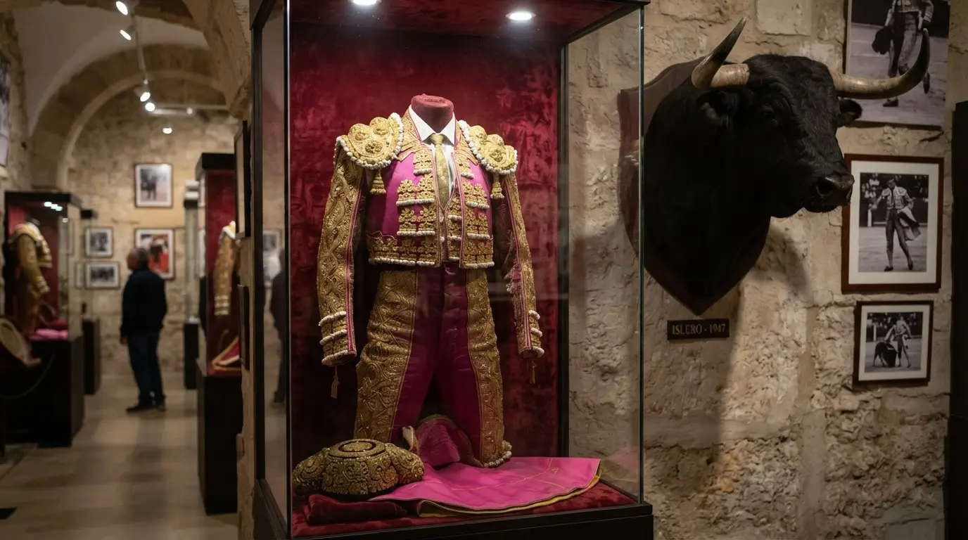 Manolete's gold and magenta bullfighting suit of lights displayed behind glass at the Museo Taurino in Córdoba, with a mounted bull's head visible on the wall behind, red velvet lining the display cases