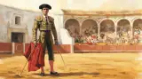 Illustration of a slim, serious young matador in a 1940s embroidered suit of lights and montera, standing in a sunlit bullring with a red muleta and sword, the arcaded stands behind him