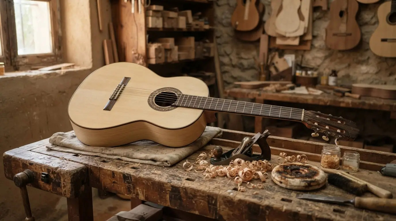Flamenco guitar maker Cordoba: a cypress-bodied flamenco guitar resting on a luthier's workbench, hand planes and a shellac pad beside it, warm window light in a small workshop