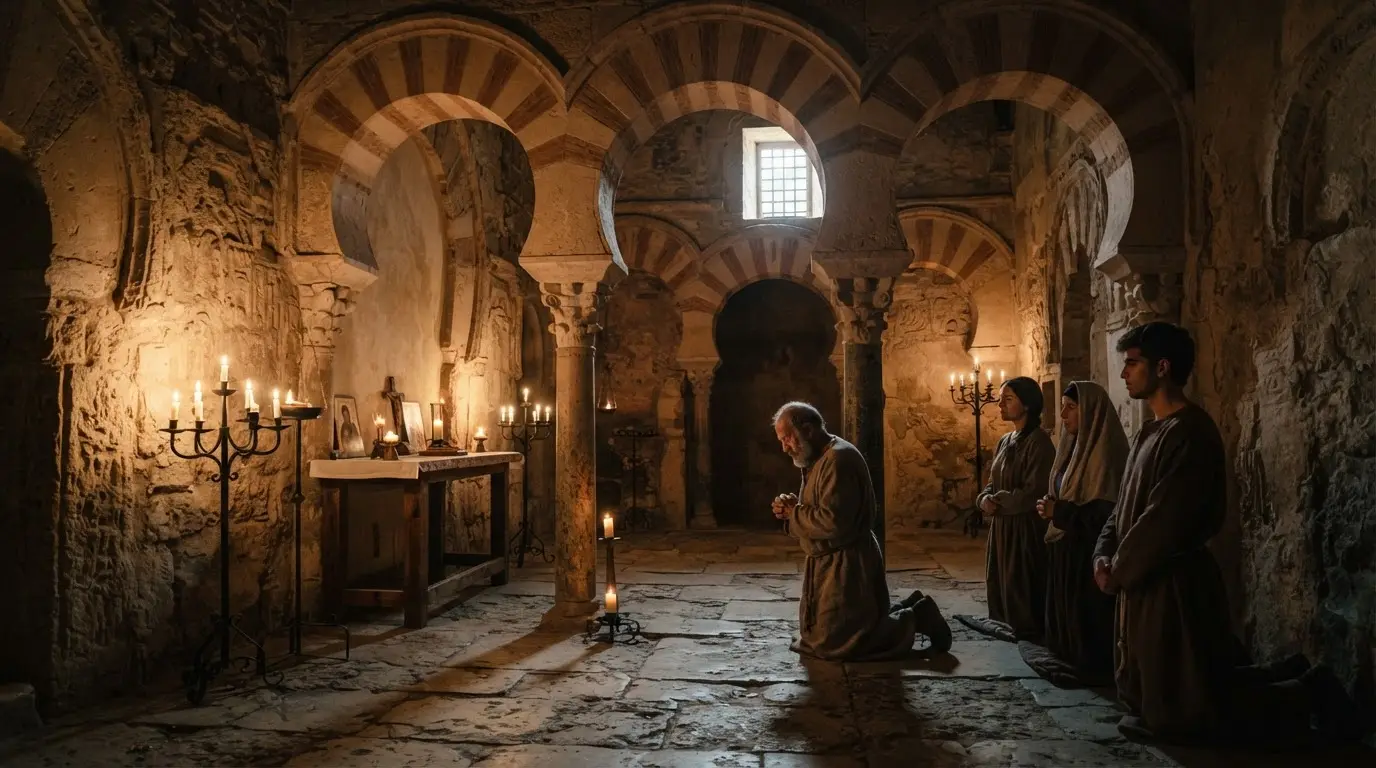 Stone interior of a Mozarabic church in Córdoba, Spain, with horseshoe arches in 9th-century style, where the martyrs of córdoba movement emerged, candlelight casting long shadows over worn flagstone under Umayyad rule