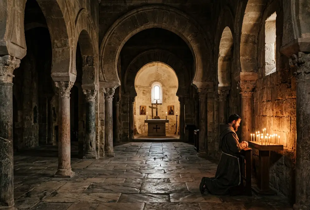 Stone interior of a Mozarabic church in Córdoba, Spain, with horseshoe arches in 9th-century style, where the martyrs of córdoba movement emerged, candlelight casting long shadows over worn flagstone under Umayyad rule