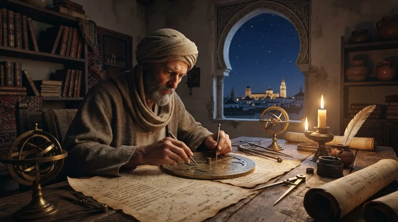 Illustration of Maslama al-Majriti, the Córdoba astronomer, working with an astrolabe and star charts by candlelight in a tenth-century study