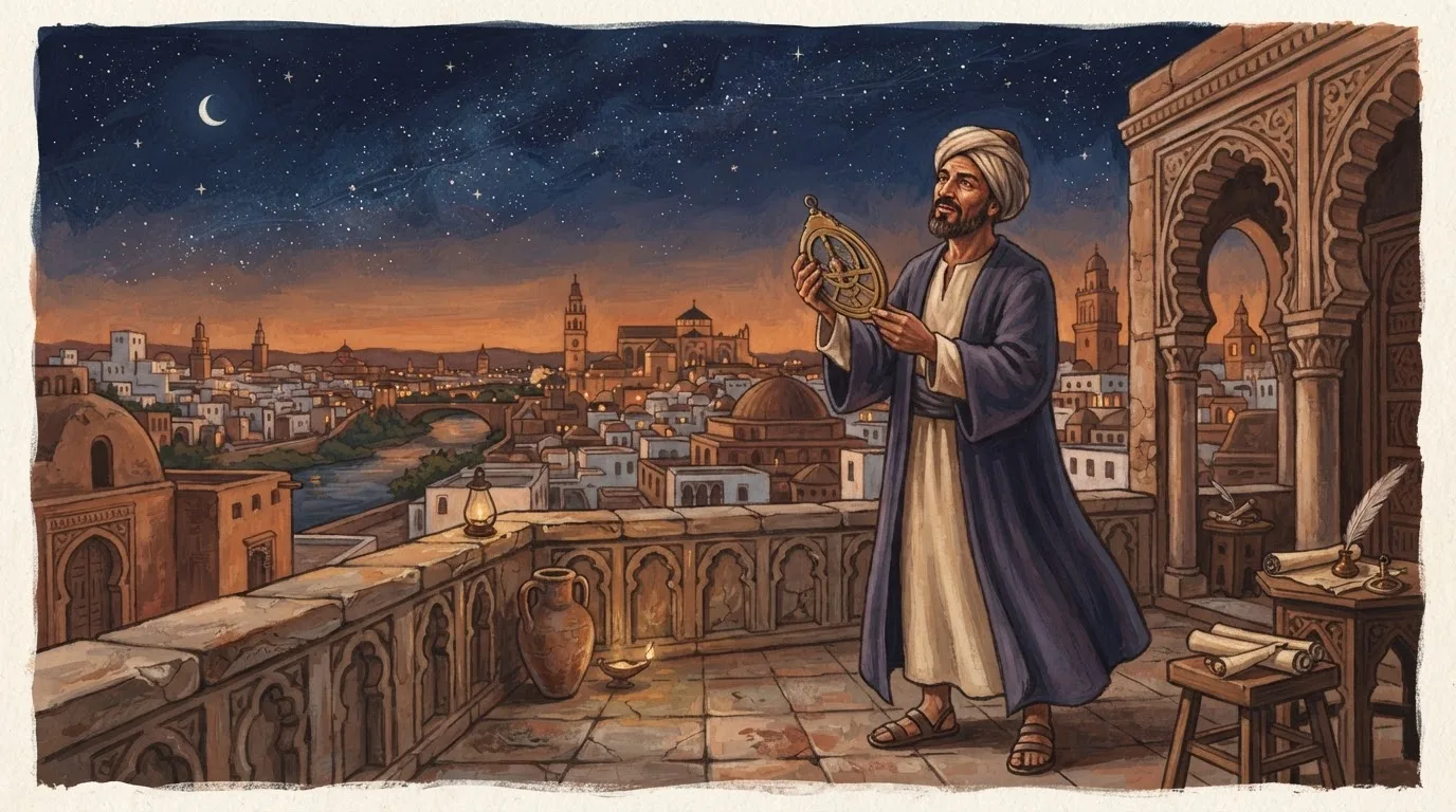 Illustration of Maslama al-Majriti as an imagined 10th-century Córdoba astronomer in a plain robe, holding a brass astrolabe beneath a night sky