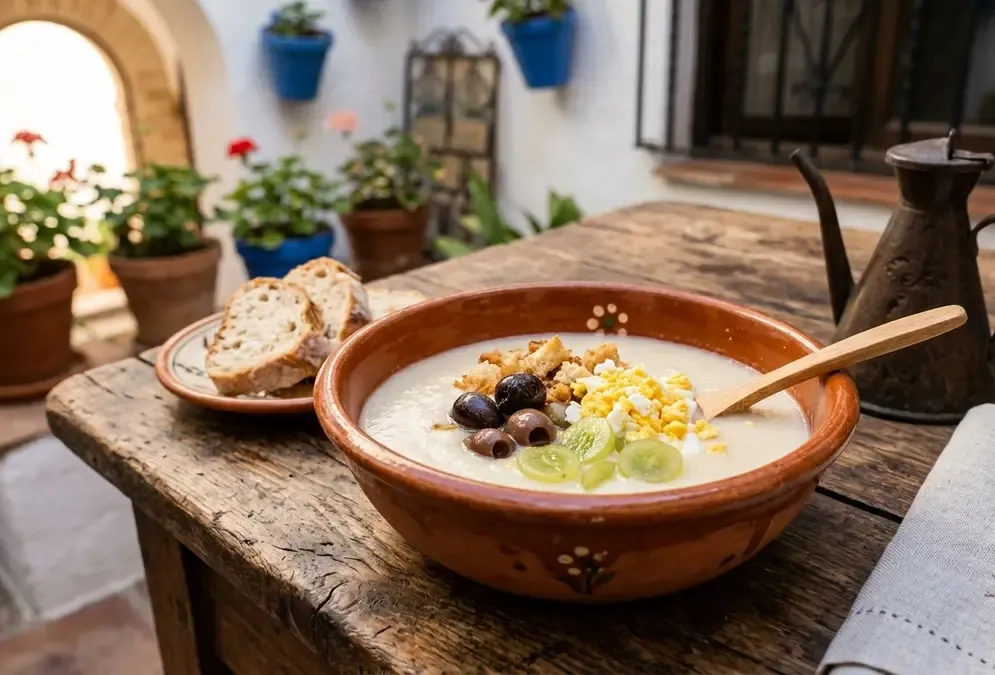 Mazamorra cordobesa history: white almond soup in a terracotta bowl with black olives, crumbled egg, and green grapes on a stone surface in natural light, the pre-Columbian cold soup that preceded salmorejo by three centuries