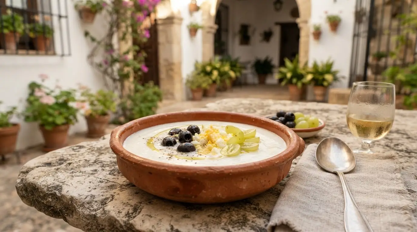 Mazamorra cordobesa history: white almond soup in a terracotta bowl with black olives, crumbled egg, and green grapes on a stone surface in natural light, the pre-Columbian cold soup that preceded salmorejo by three centuries