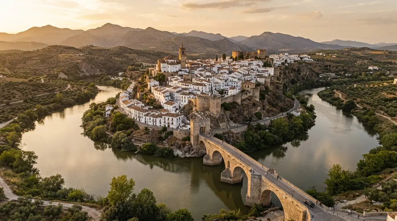 Meandro de Montoro Córdoba: aerial view of the Guadalquivir river's tight horseshoe bend wrapping the hilltop town of Montoro, the medieval Puente de las Donadas bridge crossing the water in the foreground, golden-hour light on terracotta rooftops and the river below