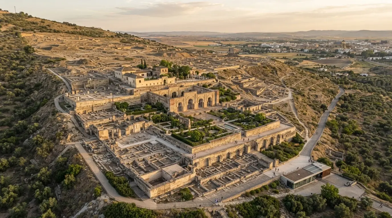 Aerial view of the Medina Azahara archaeological site near Córdoba, medina azahara history discovery, three terraces cut into the Sierra hillside with the Salón Rico arches partially restored, surrounding unexcavated land extending to the horizon, photorealistic warm afternoon light