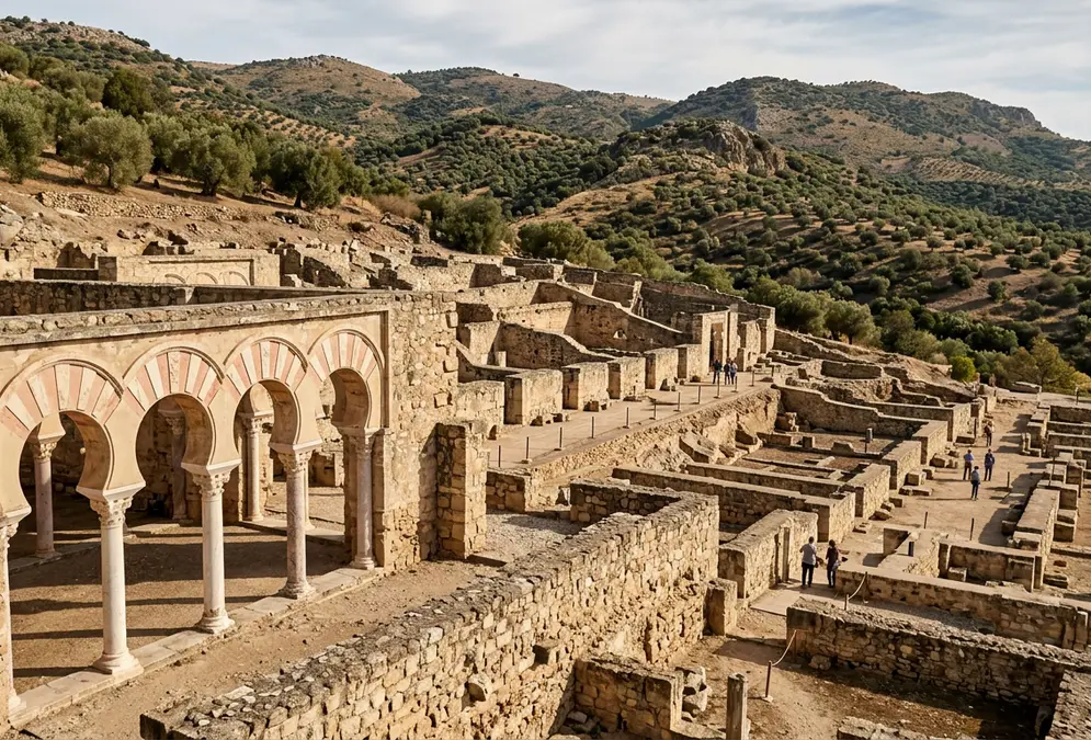 Aerial view of the Medina Azahara archaeological site near Córdoba, medina azahara history discovery, three terraces cut into the Sierra hillside with the Salón Rico arches partially restored, surrounding unexcavated land extending to the horizon, photorealistic warm afternoon light