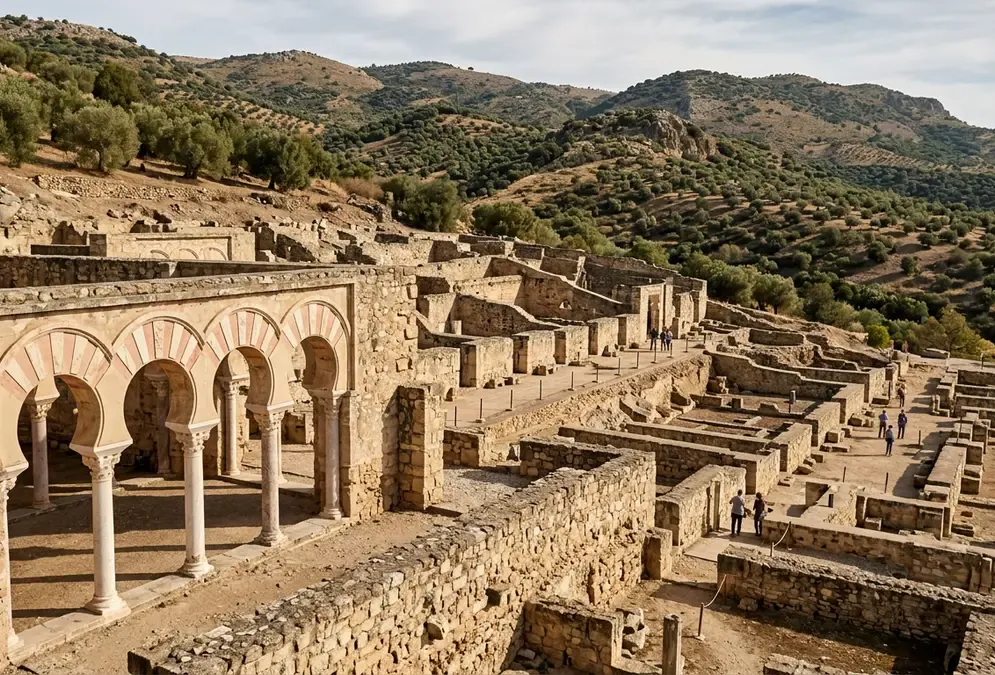 Interior of the restored Salón Rico at Medina Azahara near Córdoba, polychrome horseshoe arches in alternating pink marble and white stone, carved capitals, medina azahara history discovery photorealistic warm light