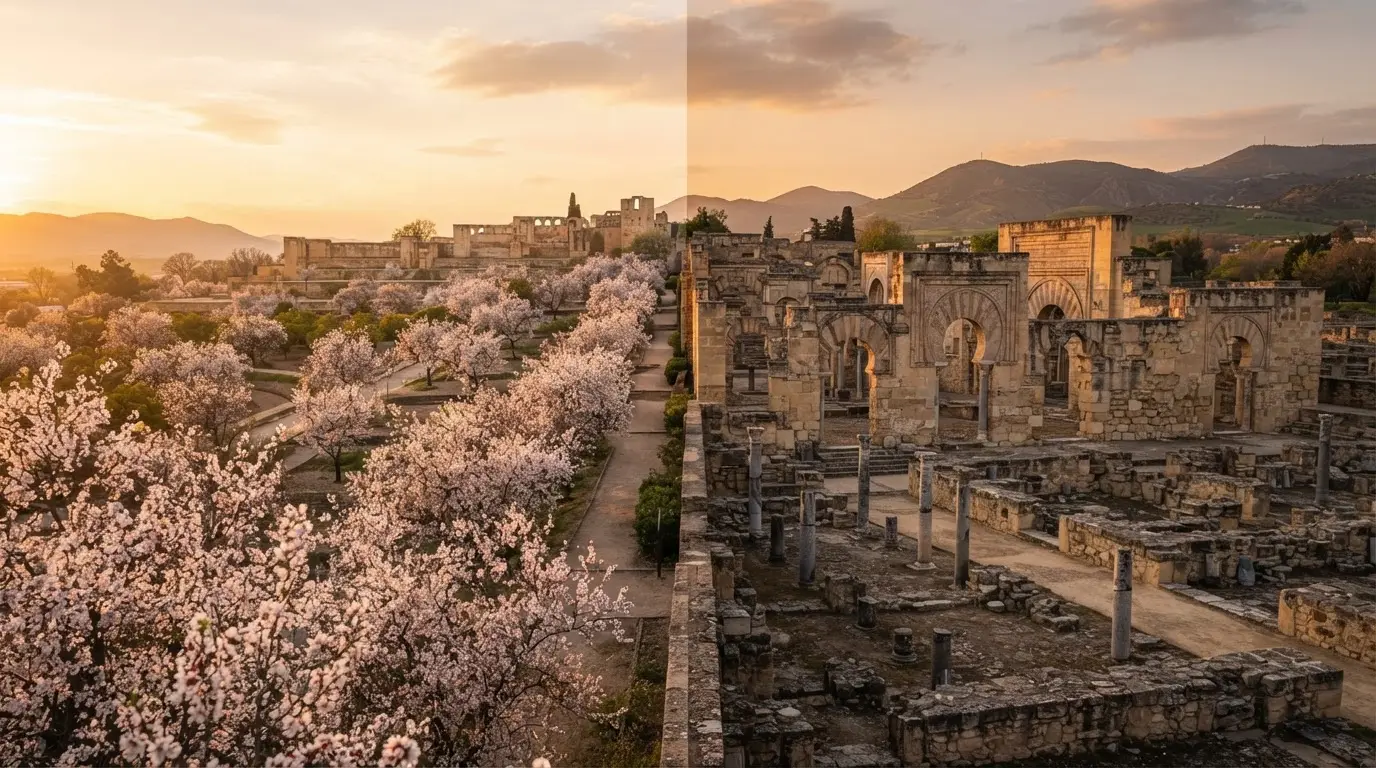 Golden-hour view of the Salón Rico's horseshoe arches at Medina Azahara near Córdoba, medina azahara name meaning history, rows of pink marble and white stone columns in an empty caliphal reception hall