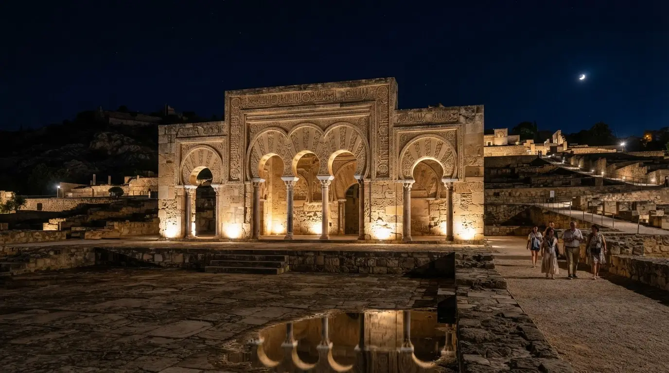Medina Azahara Salón Rico archways illuminated at night, carved Umayyad stone arches glowing against dark Andalusian sky, terraced hillside ruins, Medina Azahara night visit Córdoba