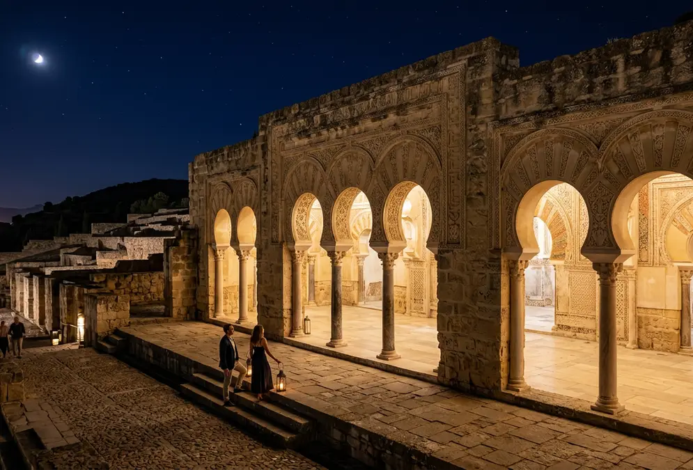 Medina Azahara Salón Rico archways illuminated at night, carved Umayyad stone arches glowing against dark Andalusian sky, terraced hillside ruins, Medina Azahara night visit Córdoba