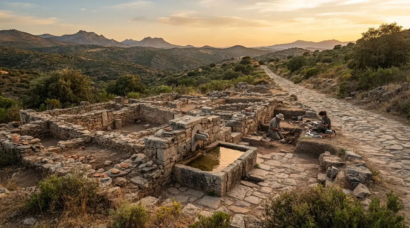 Excavated Roman road pavement and aqueduct remains at Cerro de Masatrigo archaeological site at golden hour, Sierra Morena hills rising behind the dig, mellaria roman mining city cordoba
