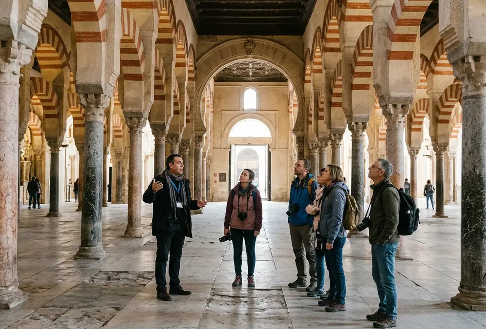 Guide leading a small group through the red-and-white arches of the Mezquita-Catedral in Córdoba