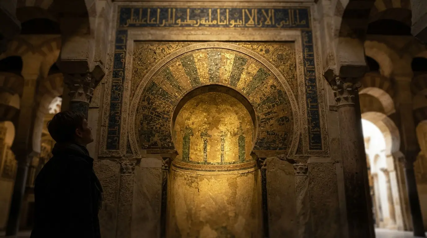 Gold and green glass tesserae of the Mezquita mihrab Byzantine mosaics around the horseshoe arch of the prayer niche in Córdoba, warm low light, Kufic inscription band above