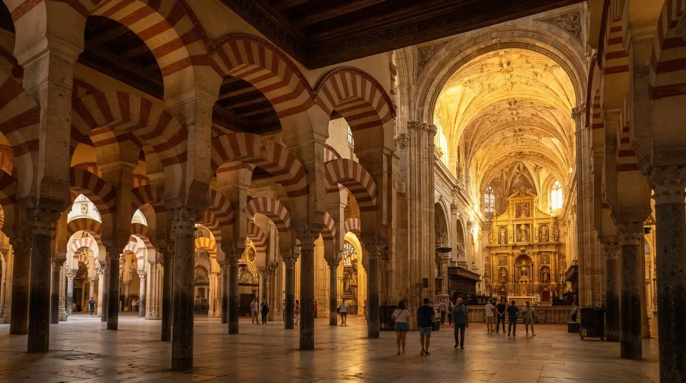 Mezquita-Catedral of Córdoba interior: red-and-white striped horseshoe arches of the original Islamic prayer hall receding into shadow, Renaissance cathedral nave visible at the back, photorealistic, golden-hour light
