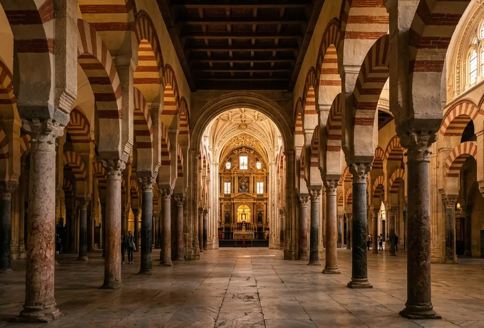 Mezquita-Catedral of Córdoba interior: red-and-white striped horseshoe arches of the original Islamic prayer hall receding into shadow, Renaissance cathedral nave visible at the back, photorealistic, golden-hour light