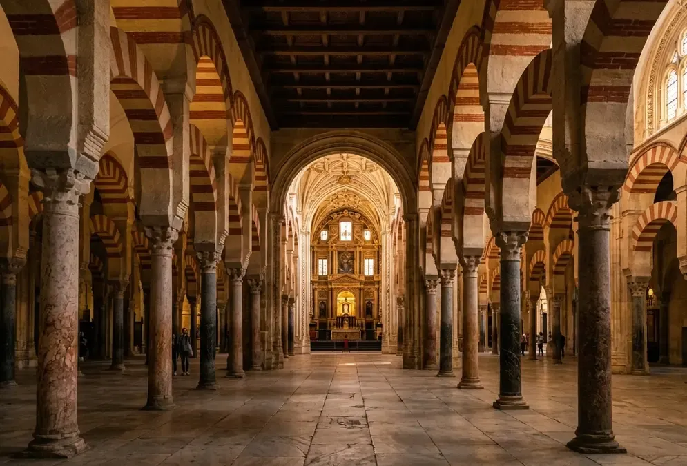 Mezquita-Catedral of Córdoba interior: red-and-white striped horseshoe arches of the original Islamic prayer hall receding into shadow, Renaissance cathedral nave visible at the back, photorealistic, golden-hour light