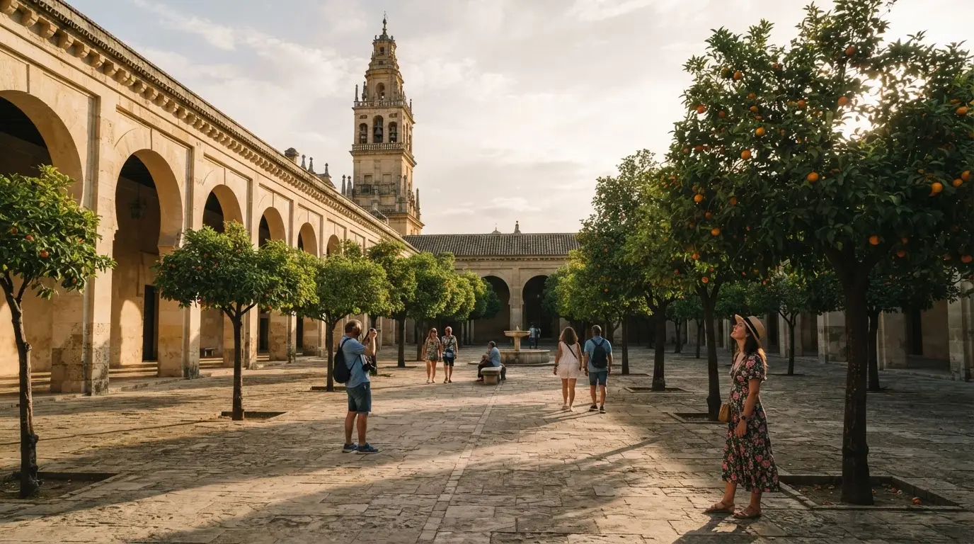 FLORA Mezquita Patio de los Naranjos: rows of orange trees in the arcaded courtyard of the Mezquita-Catedral of Córdoba in warm afternoon light, the tower rising behind