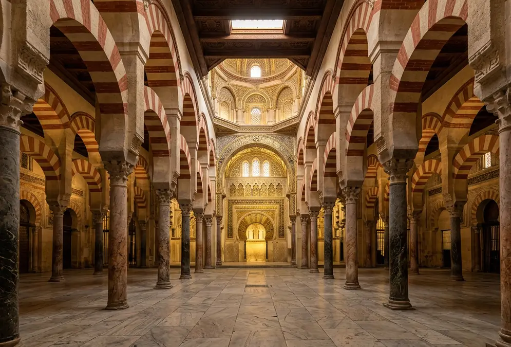 Interior of the Mezquita-Catedral de Córdoba with red-and-white striped horseshoe arches receding toward the gilded mihrab, warm amber light from above, the prayer hall empty and still, Córdoba mosque prayer ban
