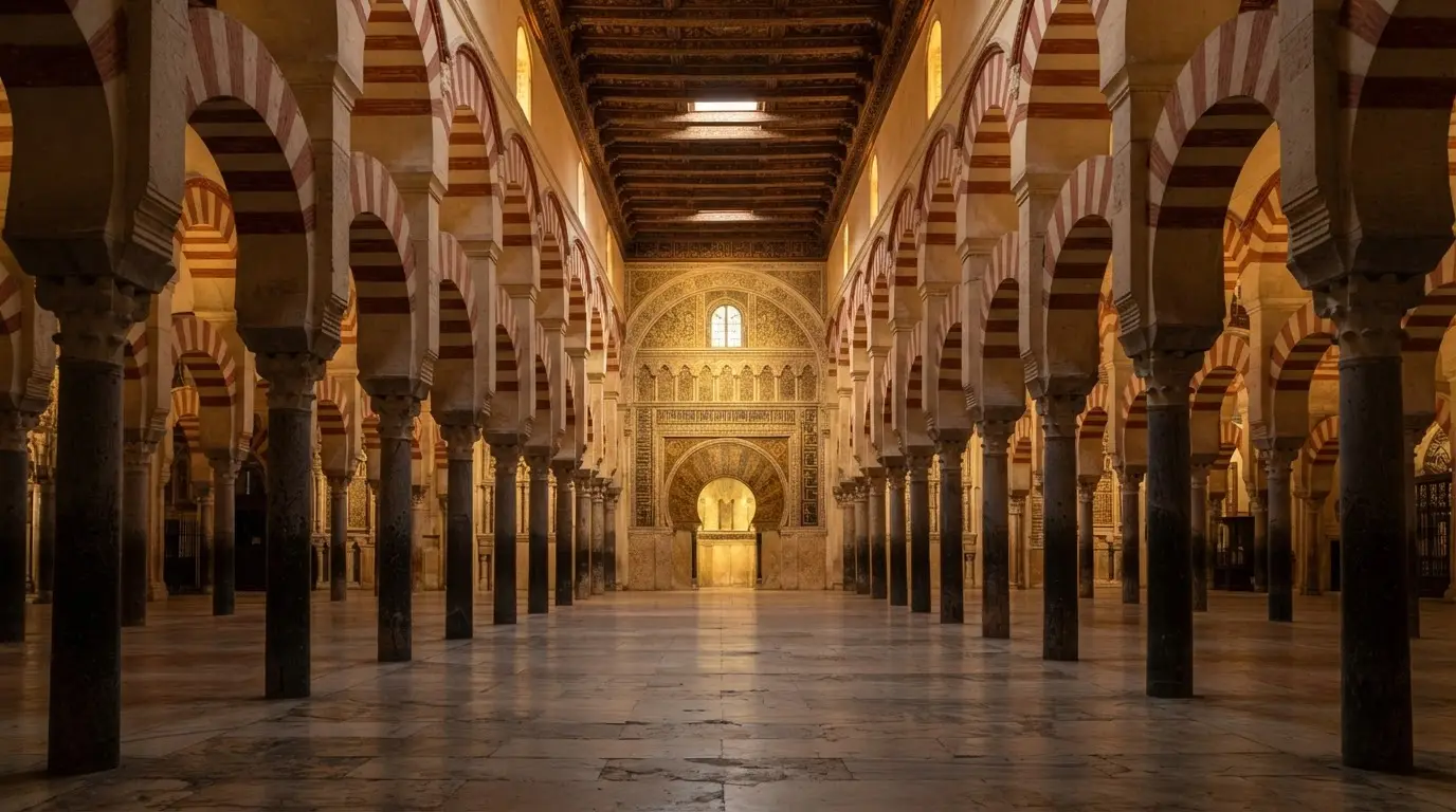 Interior of the Mezquita-Catedral de Córdoba with red-and-white striped horseshoe arches receding toward the gilded mihrab, warm amber light from above, the prayer hall empty and still, Córdoba mosque prayer ban