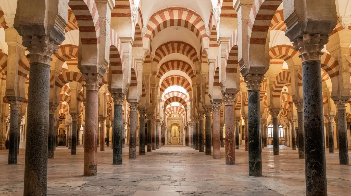Mezquita columns spolia: rows of mismatched marble, granite and jasper shafts with different capitals under red-and-white double arches, soft warm light in the Córdoba prayer hall
