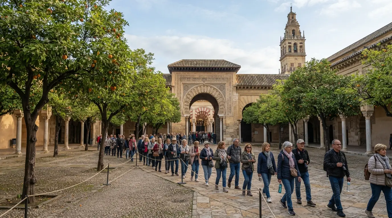 Early morning queue of visitors crossing the Patio de los Naranjos of the Mezquita-Catedral de Córdoba, orange trees lining the gravel path toward the horseshoe-arched entrance, soft spring light, the daily procession that carries two million mezquita visitors per year