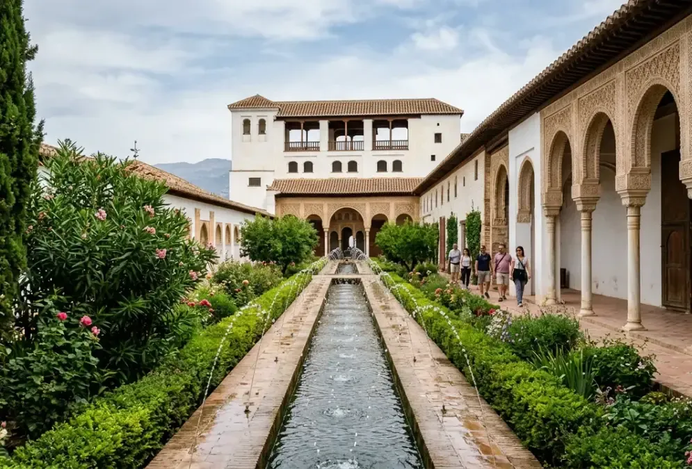 Alhambra Generalife gardens with fountains and Moorish arches