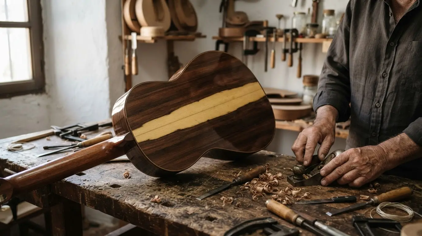 Miguel Rodriguez church door guitar: the rosewood back of a classical guitar showing bold yellow sapwood streaks against dark heartwood, resting on a workshop bench in window light