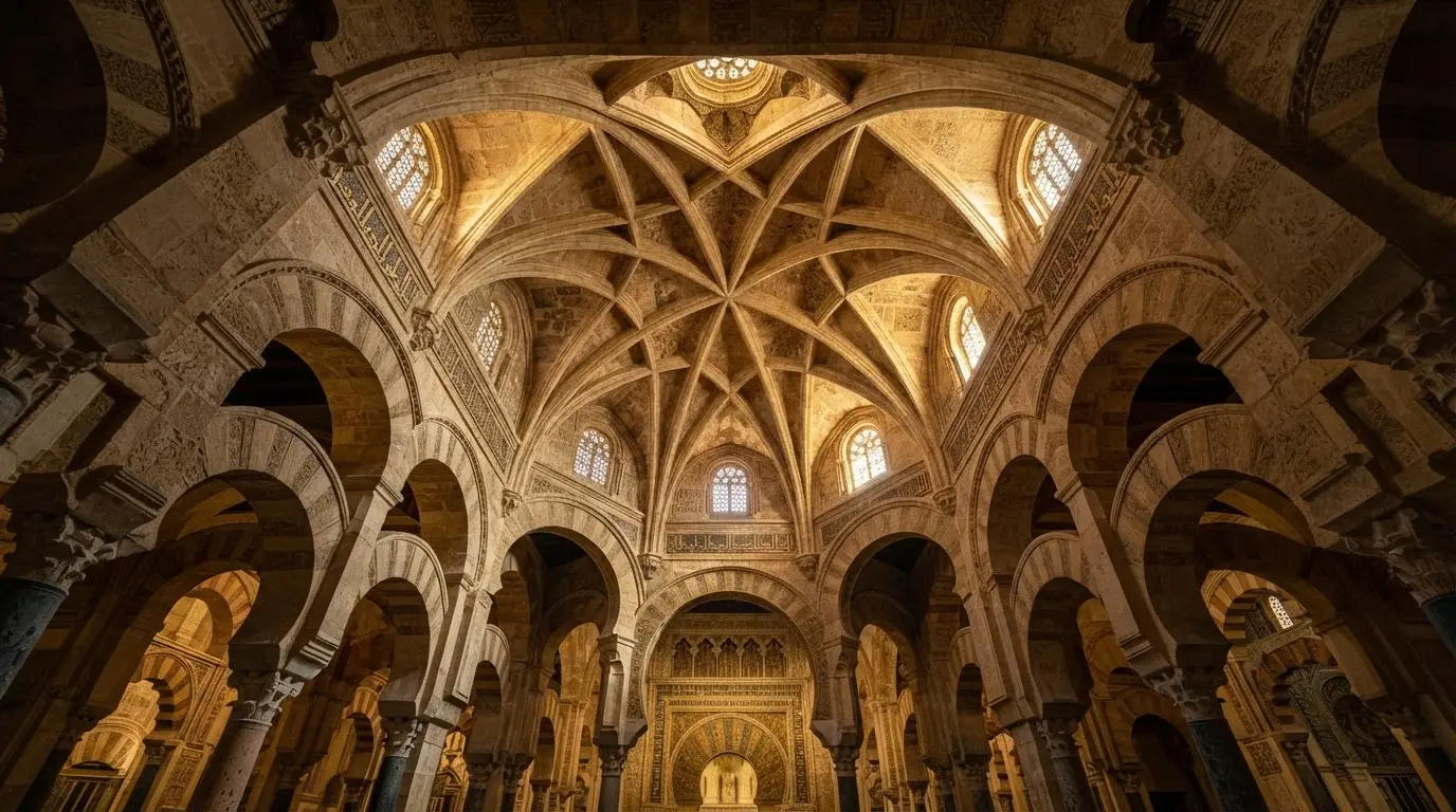Mihrab ribbed dome of the Mezquita of Córdoba at dusk, gold mosaic crossed-arch vault with ribs meeting off-centre in an eight-pointed star pattern, warm interior lighting, ornate Islamic architecture