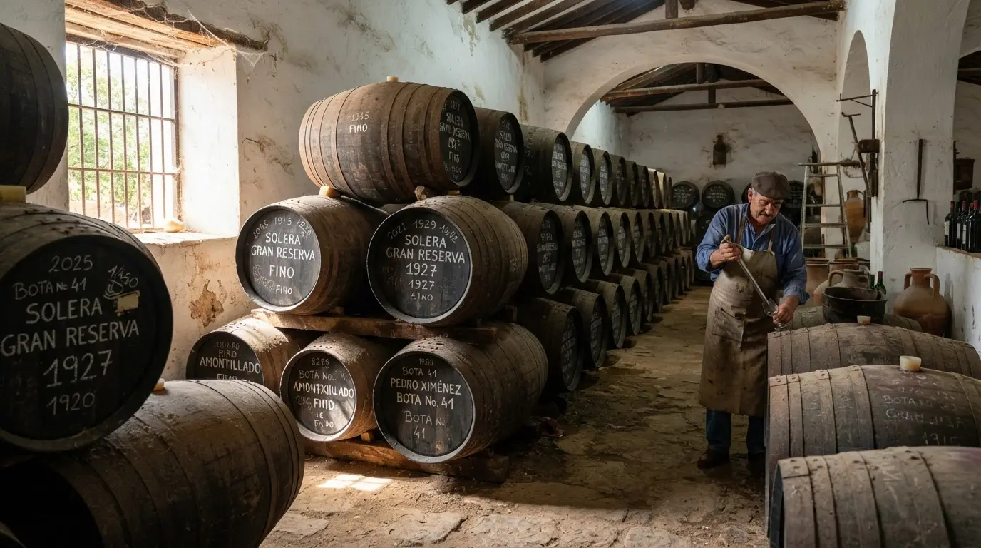Oak barrels in a sunlit Montilla bodega aging montilla-moriles wine in the solera system, Córdoba province, Andalusia