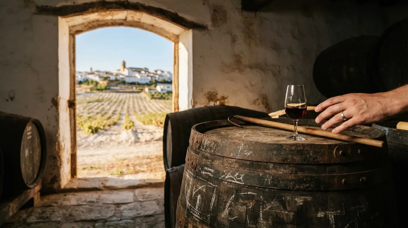 Pedro Ximénez vineyards and a whitewashed lagar below the Sierra de Montilla in Córdoba province, golden afternoon light, the town of montilla spanish city of wine 2027