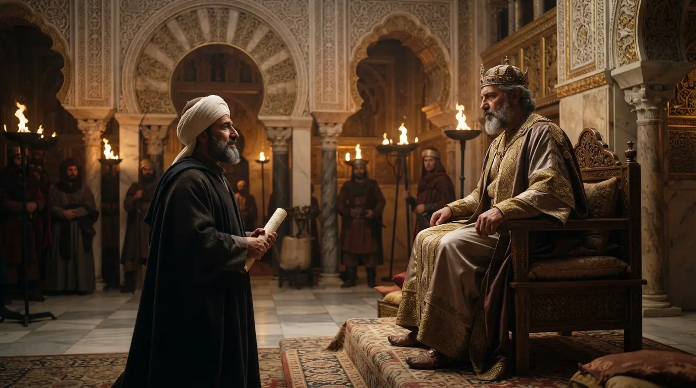 Mundhir al-Ballūṭī, the qadi of Córdoba, standing before Caliph Abd al-Rahman III in a half-gilded reception hall at Medina Azahara, tenth-century Umayyad Córdoba, dramatic warm torchlight, photorealistic
