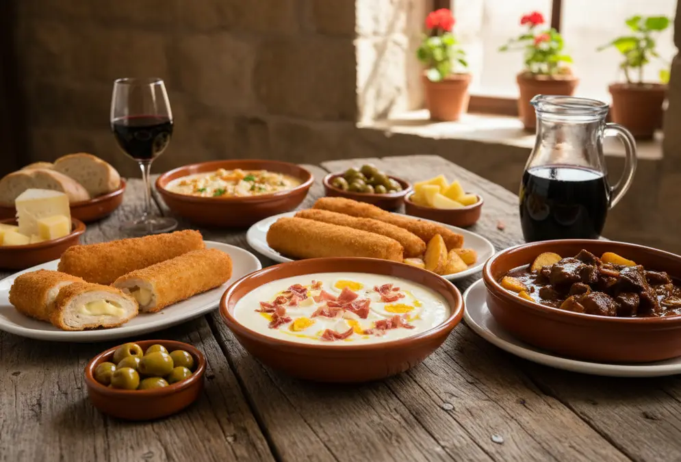 Array of traditional Córdoban dishes including salmorejo, flamenquín and rabo de toro on a rustic table