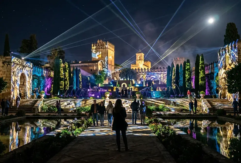 Naturaleza Encendida light installation in the Alcázar de los Reyes Cristianos gardens at night, laser beams and video projections across stone terraces