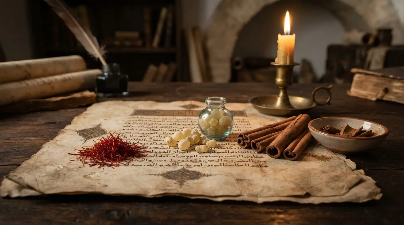Medieval spices of caliphate food córdoba: saffron threads, mastic resin, and cinnamon sticks arranged on a worn manuscript page, warm golden candlelight, Al-Andalus aesthetic