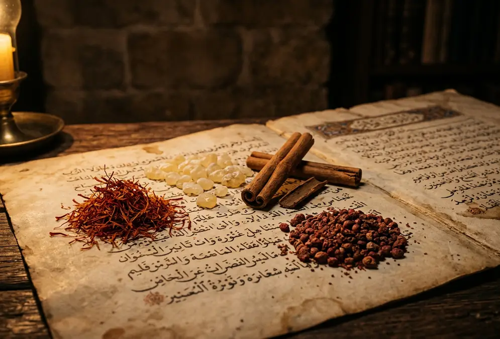 Medieval spices of caliphate food córdoba: saffron threads, mastic resin, and cinnamon sticks arranged on a worn manuscript page, warm golden candlelight, Al-Andalus aesthetic