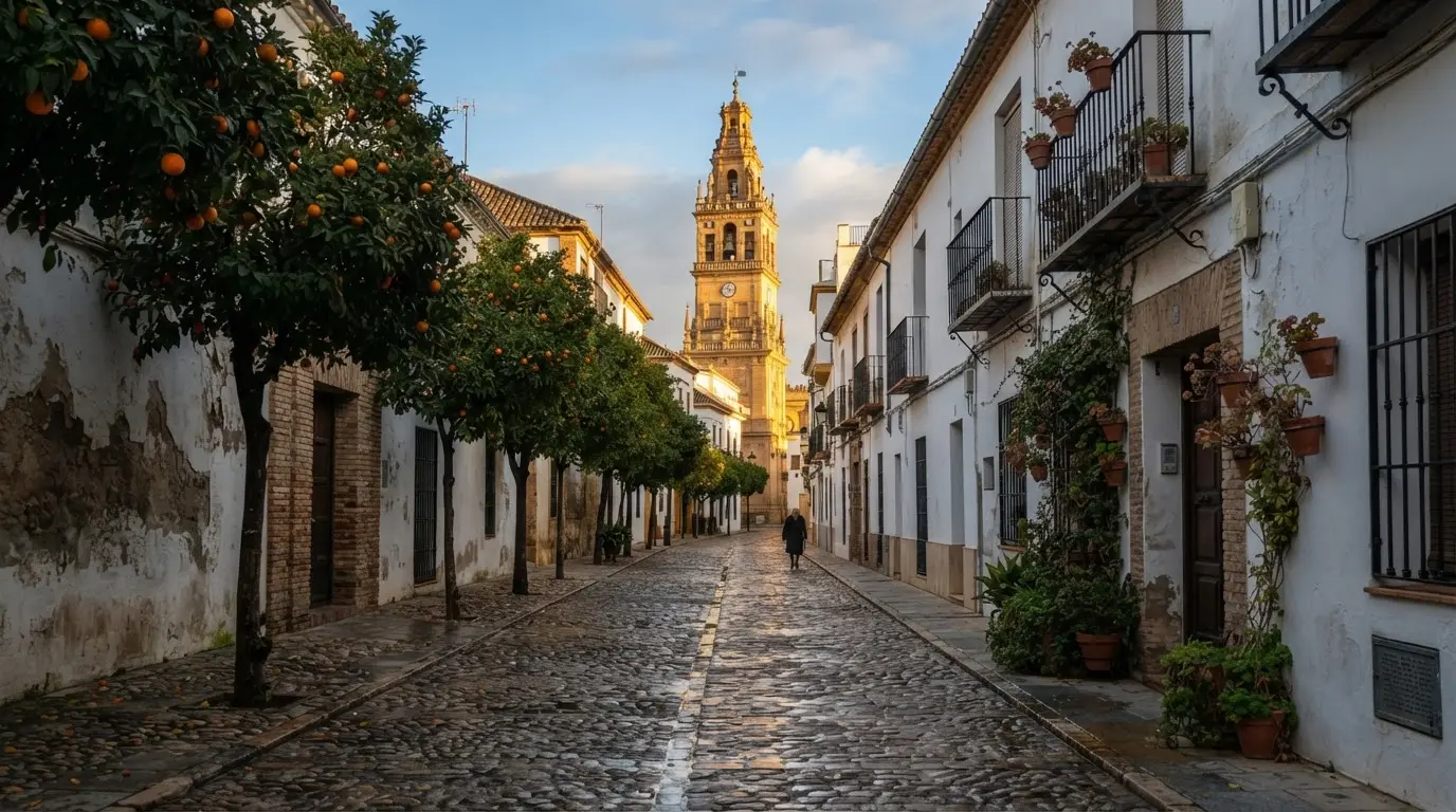 Empty Mezquita-Catedral courtyard in Córdoba during the off-season, soft winter light over the Patio de los Naranjos with no crowds