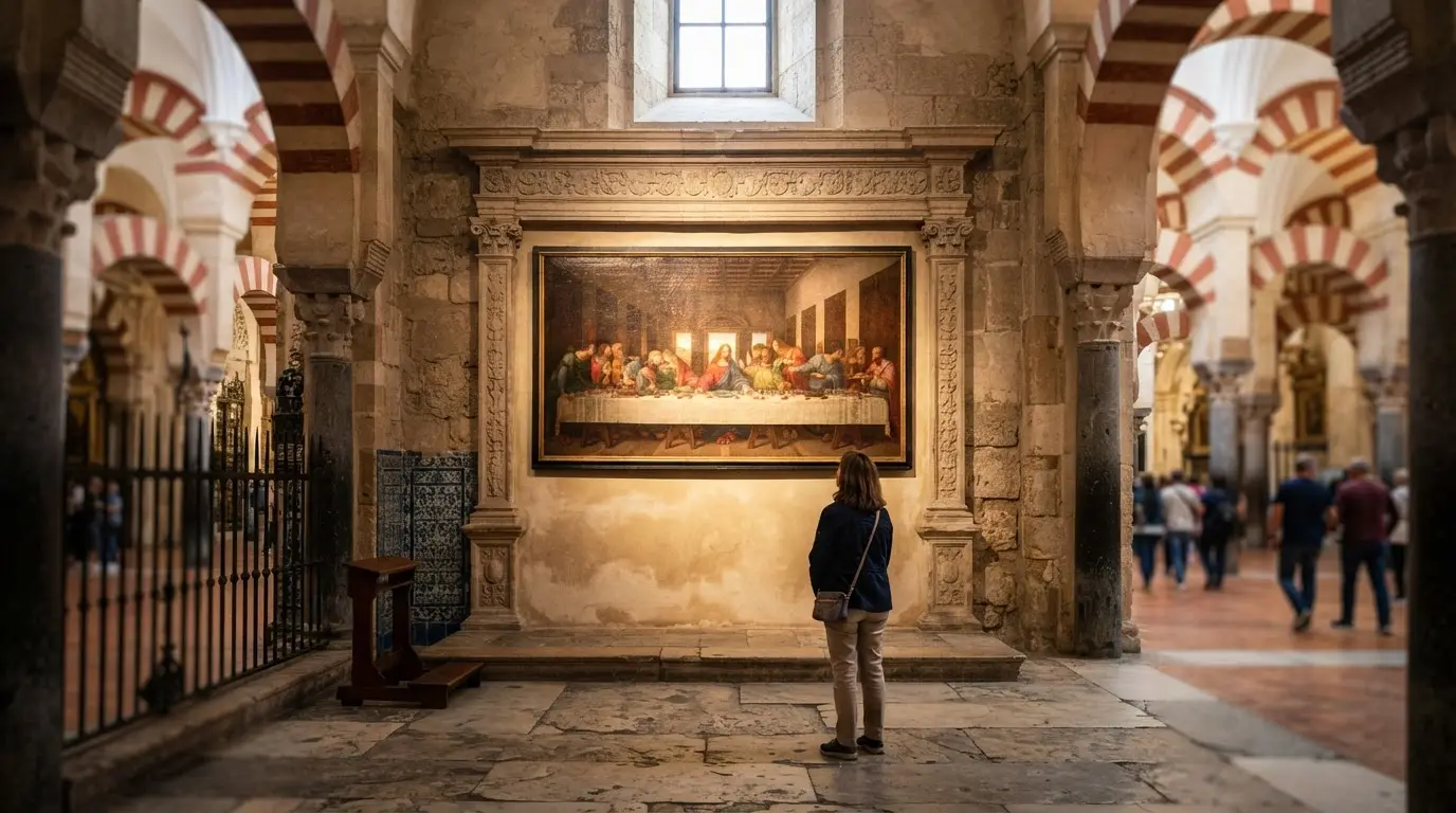 Photorealistic view of a Renaissance altarpiece canvas of the Last Supper on a stone wall inside the Mezquita-Catedral of Córdoba, red-and-white striped arches beside it, soft raking light, evoking pablo de cespedes cordoba and the Roman manner brought home