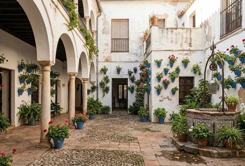 Whitewashed patio at the Palacio de Viana in Córdoba with potted plants, a tiled well and arched galleries