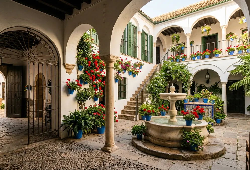 Sunlit courtyard inside the Palacio de Viana in Córdoba, red geraniums cascading from whitewashed walls, a central marble fountain in a stone-paved patio, wrought-iron grilles visible in the archway, warm afternoon light, palacio de viana patios history