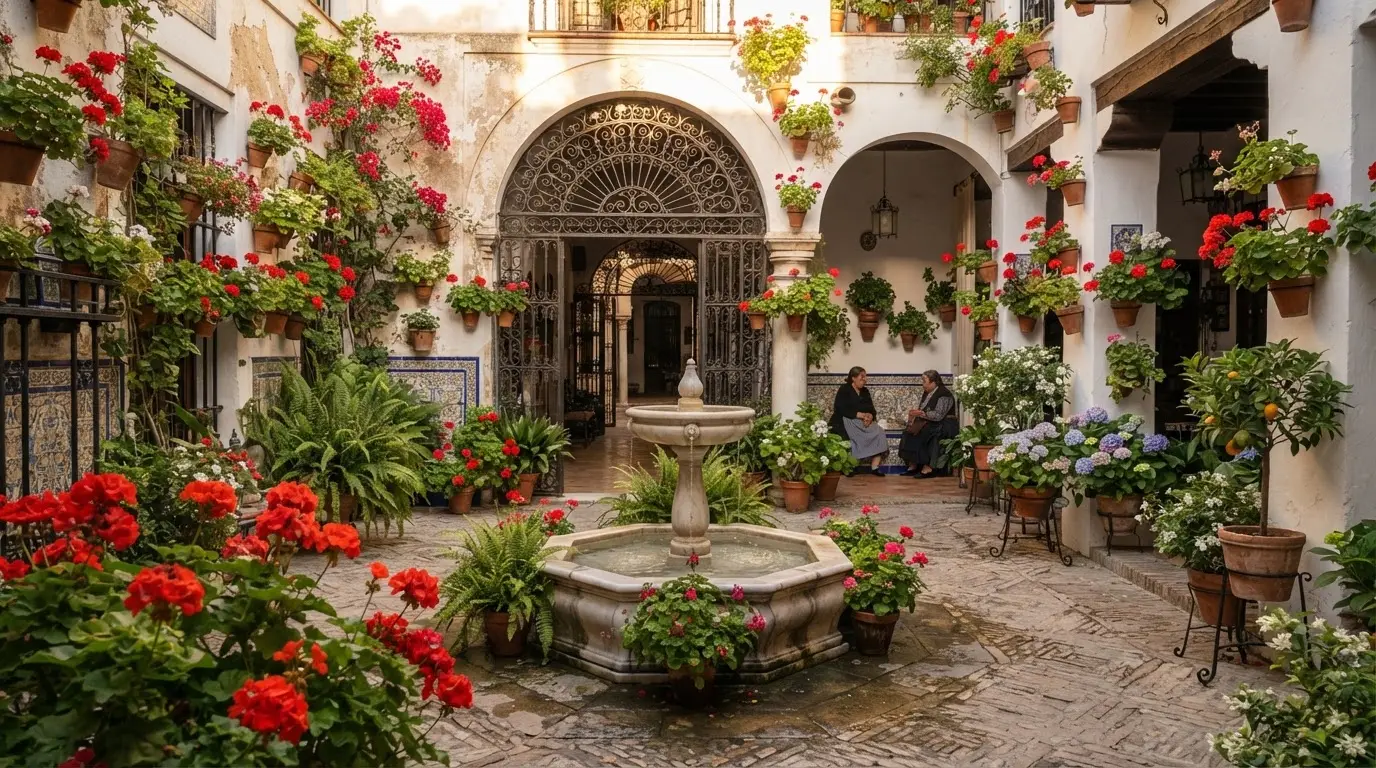 Sunlit courtyard inside the Palacio de Viana in Córdoba, red geraniums cascading from whitewashed walls, a central marble fountain in a stone-paved patio, wrought-iron grilles visible in the archway, warm afternoon light, palacio de viana patios history