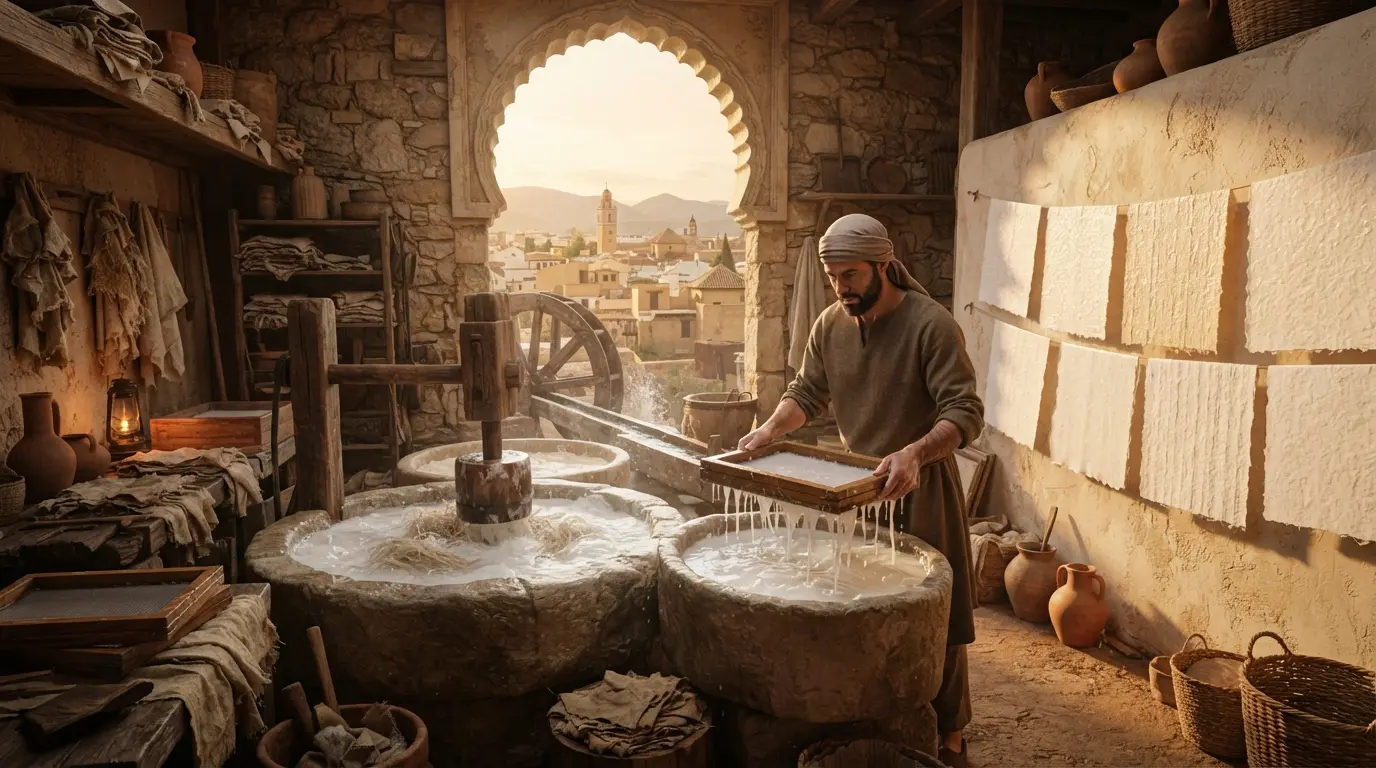 Córdoba paper mill history: a 10th-century al-Andalus rag-paper workshop with a water-driven trip hammer beating hemp and linen rags into pulp in a stone vat, a papermaker dipping a wooden mould and deckle into the milky furnish, sheets of paper drying on the wall behind