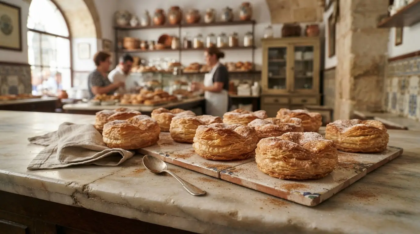 Pastel cordobés history: individual Manolete pastries dusted with cinnamon and sugar on a marble counter at a traditional Córdoba confectionery, golden flaky puff pastry rounds in soft morning light
