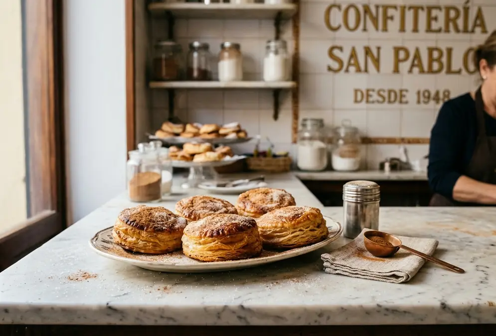 Pastel cordobés history: individual Manolete pastries dusted with cinnamon and sugar on a marble counter at a traditional Córdoba confectionery, golden flaky puff pastry rounds in soft morning light