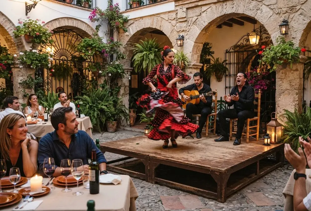 Flamenco guitarist and dancer performing during a dinner show in an 18th-century courtyard at Patio de la Judería, Córdoba