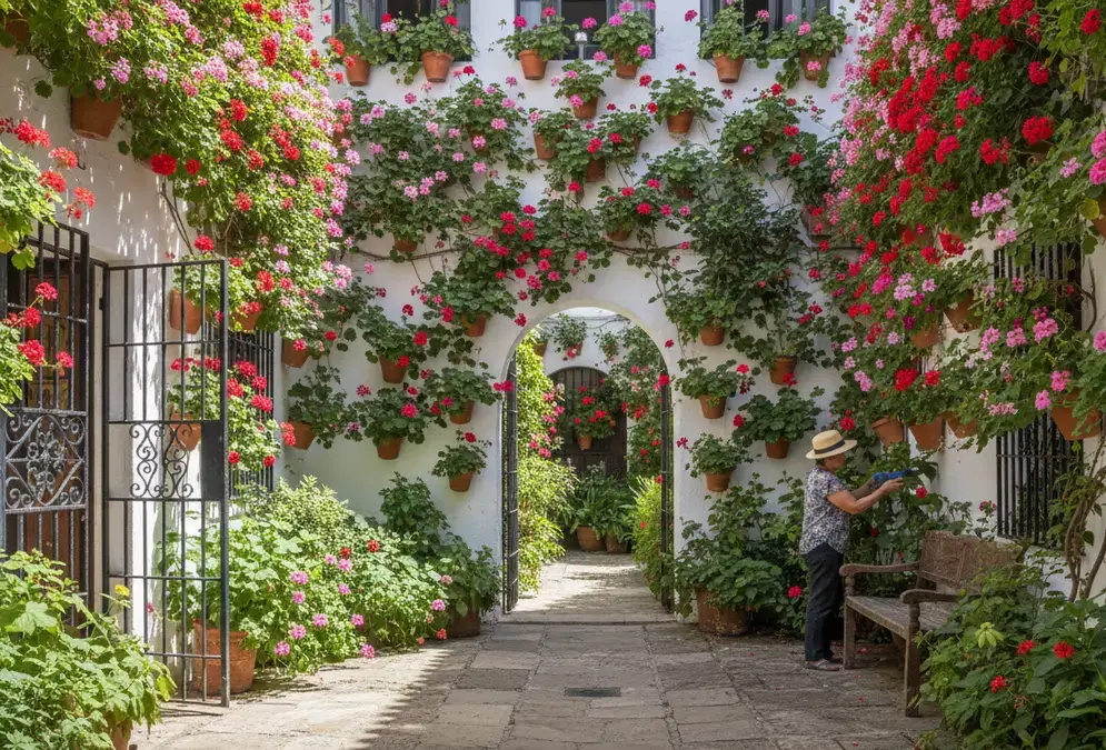 Flower-filled courtyard on Calle San Basilio, Córdoba, with whitewashed walls covered in red and pink geraniums